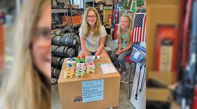 12 YEAR OLD ENTREPRENEUR. Kaia Asheim, age 12, is pictured inside her grandparent’s garage with cousin Sydney with their dog and cat bowtie operation, Little T’s BOWtique.  (Submitted Photo)