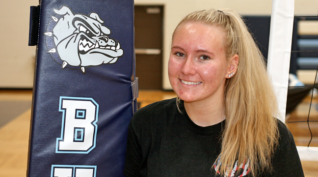 Skylee Blomquist (above) and Alexis Goebel (below) are two of the Becker Bulldog volleyball team’s six seniors who were honored last week during the team’s Senior Night. (Photos by Mark Kolbinger).