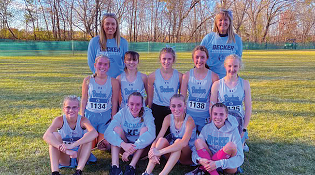 THE BECKER GIRLS CC TEAM posed for a picture after the state meet Front row, left to right: Tasha Berthiaume, Lexi Dehmer, Olivia Babler and Ella McDonald. Middle row, left to right: Alea Briggs, Kayla Gruenes, Bella Duncombe, Brooklyn Karel and Katelyn Brower. Back row, left to right: Coach Callie Doucette and Coach Trish Kealy. (Submitted Photo)