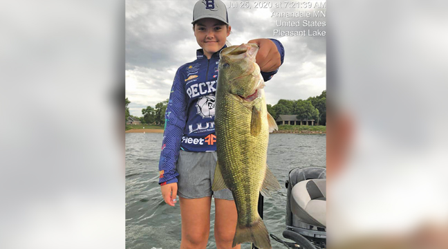 STUDENT ANGLER. Hannah Hyttsten (Becker) was on the board with a nice 18.75 bass at the virtual event (Student Angler Tournament Trail Presented by Lund, Rapala and Mills Fleet). Hannah earned a $500 scholarship at the tournament for getting the largest fish in the girls division. The event was held recently at Pleasant Lake near Annandale.  (Submitted Photo).
