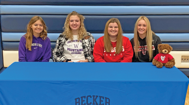 Congratulations to Madelyn Moe (Women’s Tennis- Winona State University), MaKenna Zerwas (Women’s Softball- Western New Mexico University), Cadence Koste (Women’s Softball- College of Saint Benedict), and Adeline Kent (Women’s Basketball- University of Tampa) for signing their Letters of Intent to attend college and play in their respective sports next year. Becker Schools is very proud of all that they have accomplished so far here as Bulldogs and they wish them all the best as they take the next steps in their lives after they graduate from BHS. (Submitted Photo).