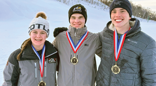 THE BREAKAWAY ALPINE SKI TEAM had a geat season and were led by: Mirra Koubsky (L), Jack Wieber (M) and Will Reisinger(R), who all medaled. (Submitted Photo).
