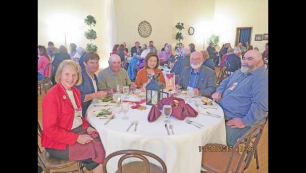 DINING at the History Center’s annual fundraiser at Carousell Works Saturday were (from left) Sen. Mary Kiffmeyer, Big Lake; Jean Johnson, Linda and Jim Riebel, John C. Riebel, Sr. and J. Charles Riebel, all of Becker.