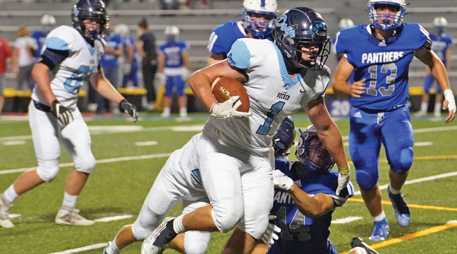 BECKER FB CARTER CALLAHAN (#1) powered through the Panther defense en route to a three-touchdown day for Becker, who start their season 1-0. (Submitted Photo).