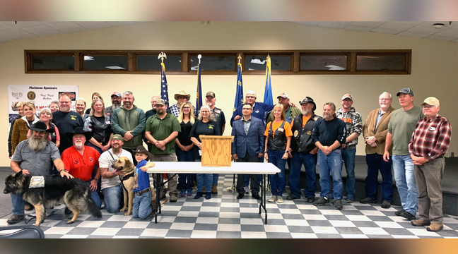 THE CLEARWATER LEGION RIDERS celebrate with the recipients of their 2022 Homeless Vets Run funds.. (Photo by Penny Leuthard.)