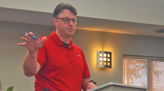 MATT LUNSER OF THE CLFD explained his concerns about the fire department’s agreement with Clear Lake Township.  (Patriot Photo by Katherine Cantin.)