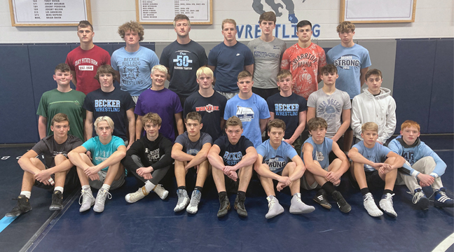 The Becker Bulldog wrestling team has a number of top performers returning from last season’s record breaking performance. This year’s team will be coached by Travis Holt. Pictured are team members in grades 9-12. Front: Jake Rosenow, Nolan Muellner, Landen Kujawa, Drew May, Logan Jarvis, Gavin Ratz, Saul Kortmansky, Bobby Leaders and Nolan Jurek. Middle: Kendrick Tomasko, Mason Doucette, Ethan Anderson, Adam Jurek, Ethan Duncombe, Ryan Boecker, John Boecker and Kaden Nicolas. Back: Dylan Weber, Bryce Kuschel, Dylan Kolby, Ryan Nelson, Tyson Ricker, Isaac Regel and Owen Angell. (Photo by Mark Kolbinger.)