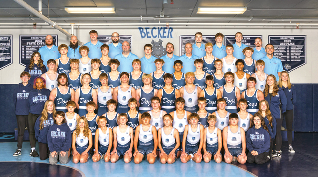 THE BECKER 2025-26 WRESTLING TEAM consists of (varsity): Brady Anderson, Gus Baldry, Brayden Boots, Logan Carrington, Blaine Cox, Odin Duncombe, Andrew Fischer, Aiden Golley, Tyler Hall, Bennett Kujawa, Rylan Kujawa, Boston Kuschel, Aaron Malikowski, Grady Muellner, Deegan Schmidt, Chase Stupar, and Jacob Williams. (Photo courtesy of Lommel Photography)