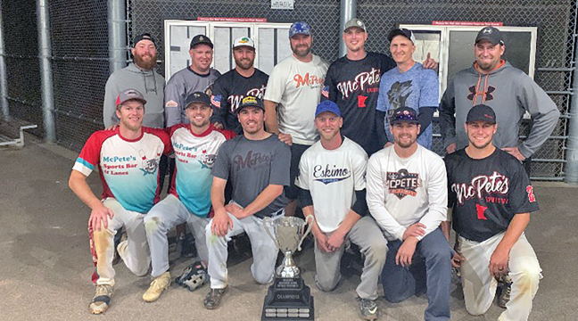 SOFTBALL CHAMPS FROM MCPETES. Bottom row, left to right: Sam Dokkebakken, Tyler Halverson, Jake Geroux, Brian Larson, Mason Loegering and Micah Loegering. Top row. left to right: Travis Palm, Josh Daiker, Adam Miller, Kory Kreager, Taylor Otto, Joe Rathmanner and Matt Loegering. If you see any of these gentlemen in the public realm, thank them for they donated their winnings to Big Lake Athletics. (Submitted Photo)