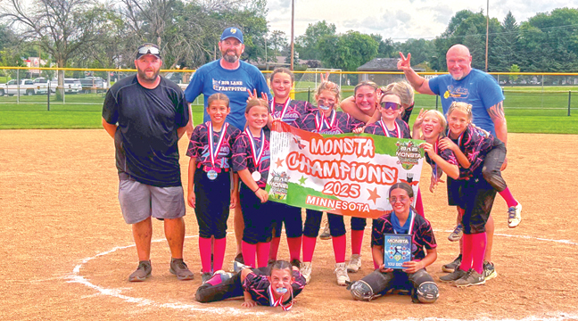 THE BIG LAKE 10UA FAST PITCH SOFTBALL TEAM showed their delight as they posed for a photo foloowing their championship win in the Monsta Nationals Gold Tournament in Blooming tom last month. (Submitted Photo).