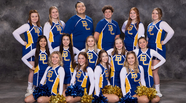 THE BIG LAKE CHEERLEADERS VARSITY  TEAM placed third nationally in April. CAPTAINS: Sophia, Mikaela. FRONT ROW: Savannah, Layla, Shayla, Mikaela. SECOND ROW: Nathaly, Ciara, Cylee, Makenna, Kaelyn. BACK ROW: Sophia, Akyra, Sabastian, Carter, Cherish, Shawna. NOT PICTURED: Tessa (Submitted photo.)