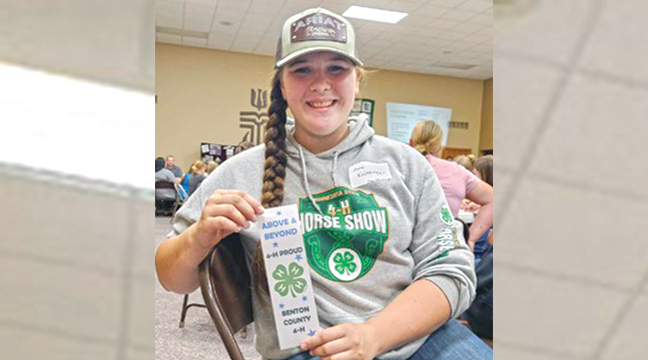 Ava Kolbinger, of Becker was one of many 4-H’ers who were honored at the annual 4-H awards ceremony Sunday, October 5. Ava is a member of Duelm 4-H club and earned an “Above and Beyond” award for her commitment and achievement to 4-H. Cade Barringer of Becker, (not pictured), also received the “Above and Beyond” award and the “premiere showmanship award” during the Benton County Fair. (Submitted Photo).