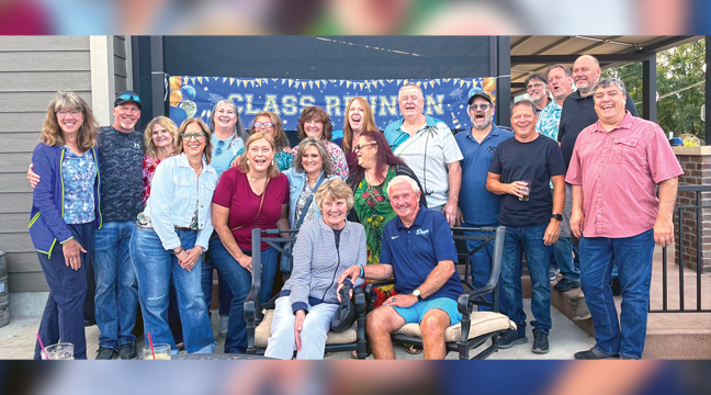 SEVERAL BECKER-ITES patronized Charlie’s Bar and Restaurant in Becker for a gathering of alumni in a 50th reunion celebration. Of those in attendance were Pam and Dwight Lundeen (front and center). (Submitted Photo). 