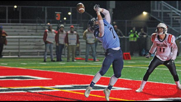 AUSTIN BERNING (#48) had this pass from Josh Fobbe just pass through his fingers in the end zone late in the first half. (Photo by Bill Morgan).