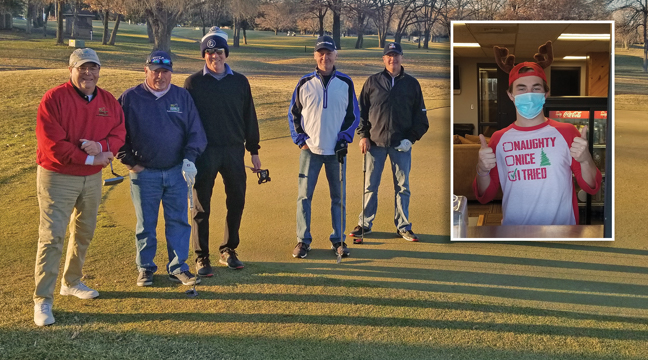 DECEMBER GOLF. Mens club members at Pebble Creek Golf Course in Becker enjoyed unseasonably warm temperatures Dec. 16. Pictured: Mike Doering, Ted Crowe,  John Dinsmore, Barry Ashmore and Ryan Issacson. Inset photo: Ethan Wilson enjoyed his shift in the snack shop. (Photos by Mary Nehring ).
