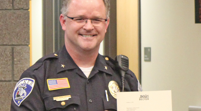 BPD CHIEF BALOUN was awarded a letter of commendation at a city council meeting back in October. (Photo by Katherine Cantin.)