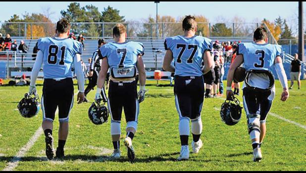 THIS YEAR’S CAPTAINS,  seniors Carter Hietala (#81), Austin Berning (#7), Carter Gustafson (#77) and Josh Fobbe (#3) played their final season at Becker this year and each one was honored at Tuesday’s banquet. (Submitted Photo)
