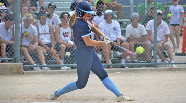 Bulldog Kurstyn Patnode connected on a pitch in the seventh inning of the state title game.  The ball would sail over the fence for a game clinching three run home run. (Submitted Photo).