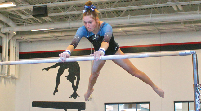 Senior Hailey Duncombe  has provided tested leadership for the Becker gymnastics team this year, as she is shown here competing on bars at the state true team meet. (Submitted Photo).