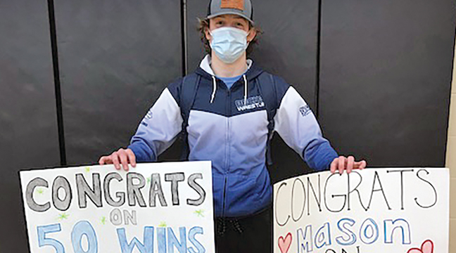Mason Doucette reached a milestone for the Becker wrestling team, as he recently achieved his 50th career victory for the Bulldogs (Submitted Photo).