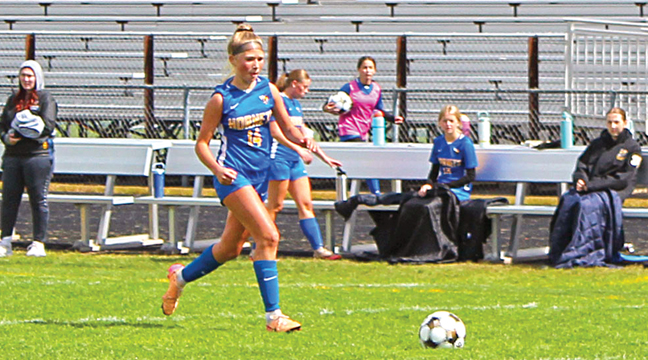 Hadley Priest heads towards the goal against Rockford during the second half Saturday. The eighth-grader had two goals in Big Lake’s 4-0 win. She also had two goals in Big Lake’s 6-4 over Zimmerman Thursday. (Photo by Ken Francis.)