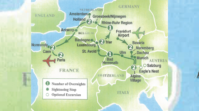 A MAP SHOWING the locations of our visits over 15 days to World War II sites in Germany, Austria, Holland, Belgium and France. (Submitted Photo).