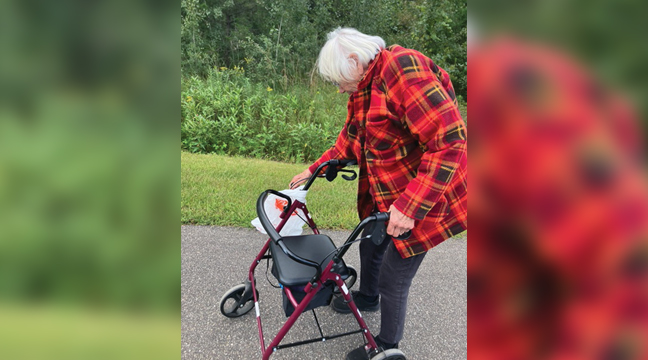 EIGHTY-SEVEN-YEAR-OLD GERTIE BORST has made it a habit to get out of the house and take a walk through Becker in the mornings. She typically brings along a plastic bag to gather trash she finds along the roads and walkways. (Submitted Photo).