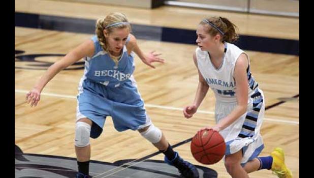 EIGHTH-GRADE PHENOM MAESYN THEISEN of Becker was a hound on the floor, pressuring Zimmerman’s ball-handlers and causing havoc on both ends of the court in Thursday’s big win over the Thunder, 47-40. Theisen scored six points and ran the floor from the point guard position as Becker used a tenacious defense to pull out the upset at home.