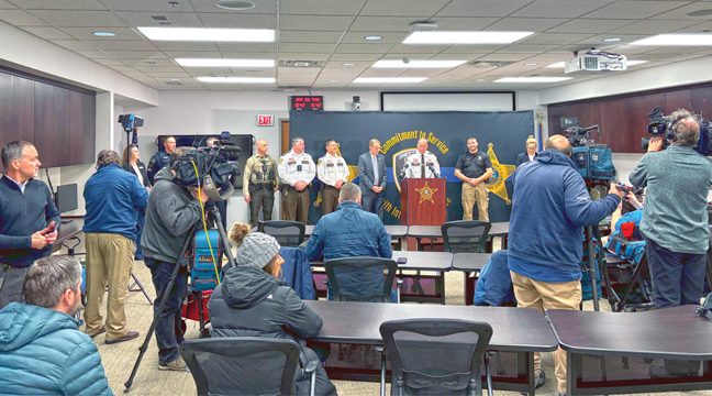 Sherburne County Commander Ben Zawacki at the podium, addressed the media last week following the kidnapping of a seven-year-old girl.  (Patriot Photo by Don Bellach)