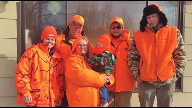 DEER HUNTING CREW. A group of Palmer folks enjoyed hunting near Blackduck recently. Cassie Kozak, Mike Ganz, Jared Ganz, Jake Ganz, Julie Ganz (holding baby Olivia Kozak). (Submitted photo).
