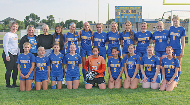 THE 2020 BIG LAKE HORNET GIRLS SOCCER TEAM. Back row (left to right): Trinity Zoccoli, Mackenzie Cypull, Abby Polacec, Rylie Sternquist, Kelsey Meyer, Emily Steen, Sophia Lange. Front row (left to right): Halle Holman, Lexi Moen, Lauren Huver, Ava Vizenor (captain), Kadyn Dilger, Mya Turner (captain), Savannah Baker, Lilly Berglund, Kaycie Jacob (Submitted Photo).