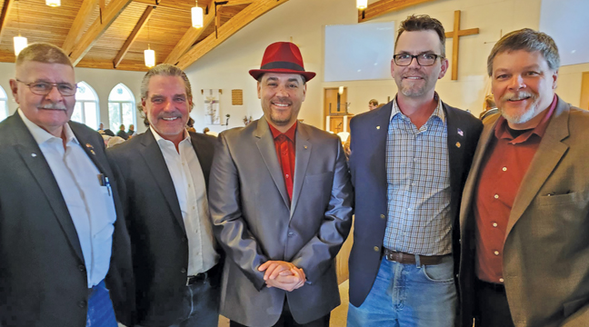 SEVERAL STATE LEGISLATORS (and former ones) showed up Saturday to show their support and help explain and answer any questions from the crowd. Left to right: Dale Lueck, Cal Bahr, Eric Lucero, Shane Mekeland and Jim Newberger. (Patriot Photo by Bill Morgan)