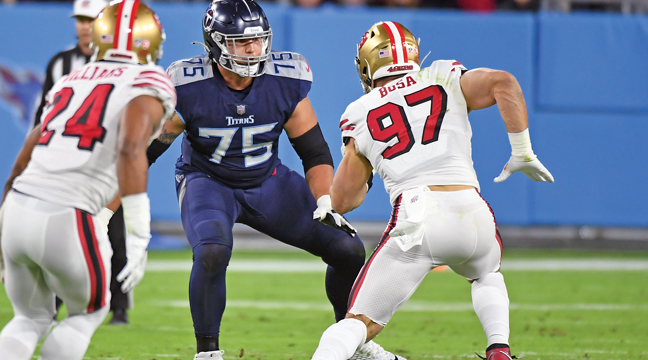 DILLON RADUNZ (L) started his first game as a pro in week 16 of the regular season, even getting the task of blocking all-pro defensive lineman Nick Bosa of the San Francisco Forty-Niners. Radunz’ season (as well as his team’s) ended last weekend with a last second loss to the Cincinnati Bengals. (Christopher Hanewinckel-USA TODAY Sports).