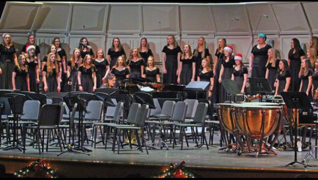 GRETCHEN BORDSON (center at piano) led the vocalists at Monday’s Sounds of the Season Concert. Hundreds packed the PAC to hear and see the talents of the musically gifted.