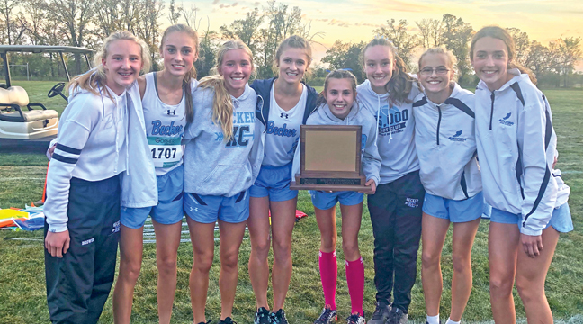 THE BECKER GIRLS VARSITY SQUAD won the Mississippi 8 Conference meet in Big Lake Tuesday and posed with their trophy above. Left to right: Katelyn Brower, Olivia Babler, Alea Briggs, Bella Duncombe, Ella McDonald, Lexi Rose, Tasha Berthiaume and Brooklyn Karel. (Submitted Photo)