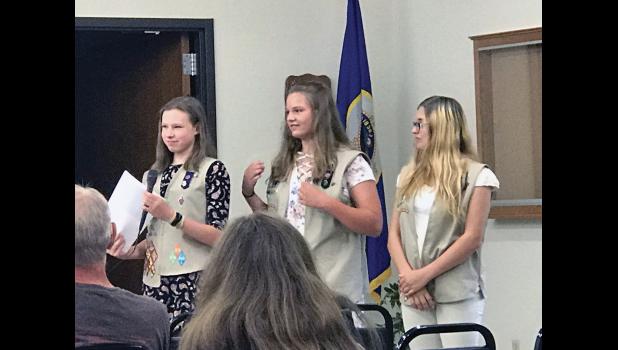 MEGHAN SWANSON (L), DELANEY VARNEY (M) and Gabby Artman (R) made a presentation as Girl Scouts to have a little library constructed and installed at Palmer Park in the spring (right). (Photo by Bill Morgan and submitted).