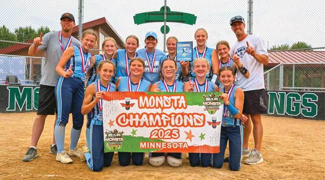 Becker’S Blast 12U Navy team. Front row, left to right: Alyse Denne, Finlee Esping, Mirra Koubsky, Aysa Johnson and Lyra Willhite. Back row, left to right: Coach Steve Esping, Talia Boyer, Zoe Sheiber, Emily Thiel, Coach Anna Willhite, Kenzie Basgall, Piper Dickinson, Kinny Johnson and Coach Ben Johnson. Missing – Braelyn Bolton. (Submitted Photo).