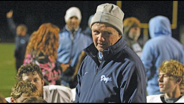 HEAD COACH DWIGHT LUNDEEN instructed his players prior to defending their two-time state title against Big Lake a few years ago. (Photo by Bill Morgan).