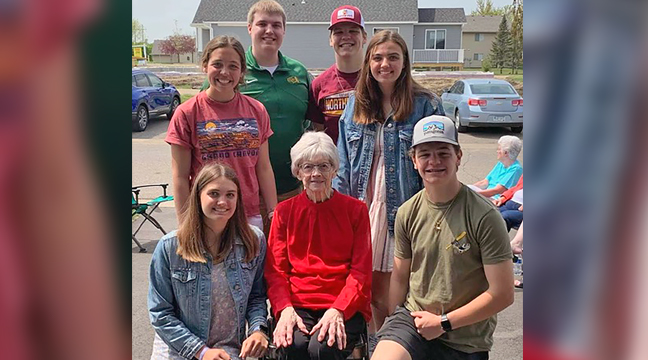 LONGTIME BECKER RESIDENT CELEBRATES 92ND BIRTHDAY. Bea Pouliot (Middle front) recently celebrated her 92nd birthday. She is pictured with her great grandchildren. First row: Lauren Croal, Bea Pouliot, Owen Kolbinger. Second row: Victoria Kolbinger, Ashlyn Croal, 3rd row Nate Croal and Andrew Kolbinger. (Submitted photo). 